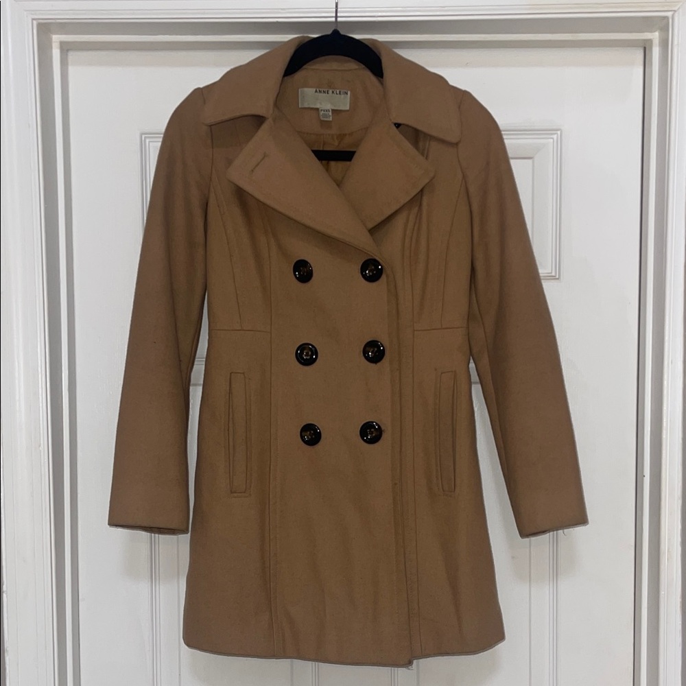 Anne Klein Camel Double-Breasted Pea Coat
